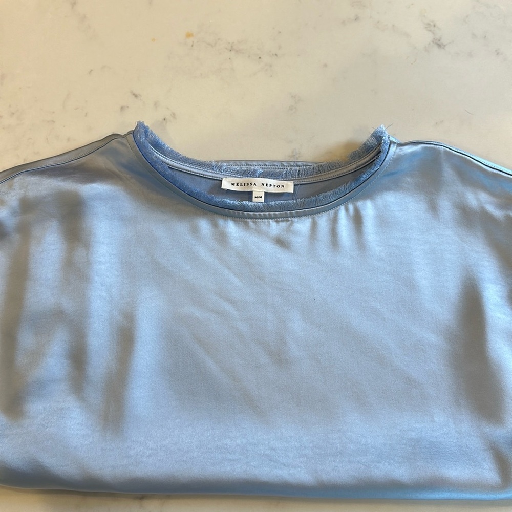 Melissa Nepton pale blue fringe neck top